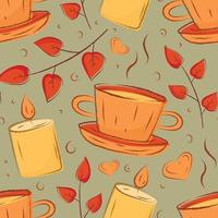 vektor sömlös höst mönster. värma kopp av te eller kaffe, ljus och kvistar med torr orange löv.