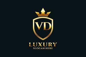 Initial vd Elegantes Luxus-Monogramm-Logo oder Abzeichen-Vorlage mit Schriftrollen und Königskrone – perfekt für luxuriöse Branding-Projekte vektor