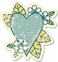 ikoniska bedrövad klistermärke tatuering stil bild av en botanisk hjärta vektor