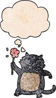 tecknad serie katt med blomma och trodde bubbla i grunge textur mönster stil vektor