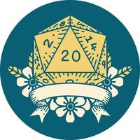 Retro-Tattoo-Stil natürliche 20 kritische Treffer d20 Würfelwurf vektor