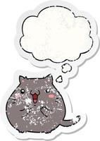 Fröhliche Cartoon-Katze und Gedankenblase als beunruhigter, abgenutzter Aufkleber vektor