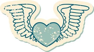 ikonisches beunruhigtes Aufkleber-Tätowierungsartbild eines Herzens mit Flügeln vektor