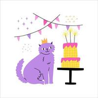 barns affisch födelsedag fest söt katt med kaka i hand dragen platt stil. vektor illustration.