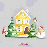 vattenfärg jul vektor illustrationer element, vinter- hus med snö