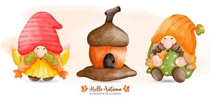 Herbstzwerg, Herbstzwerg, Gnomenhaus, Herbst- oder Herbsttierdekor, Aquarellillustration vektor