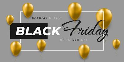 schwarzer freitag-verkaufsbanner-design mit goldenen heliumballons. Werbe- und Promotion-Banner-Design für Black-Friday-Kampagne vektor