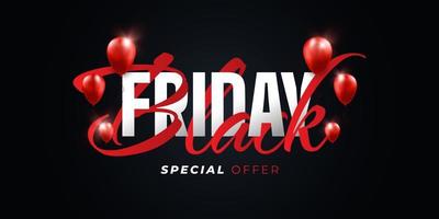 schwarzer freitag-verkaufsbanner-design mit roten heliumballons auf schwarzem hintergrund. Werbe- und Promotion-Banner-Design für Black-Friday-Kampagne vektor