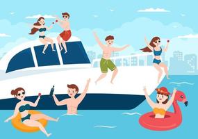 yachtschablone handgezeichnete flache illustration der karikatur mit menschen, die tanzen, sonnenbaden, cocktails trinken und sich auf einer kreuzfahrtyacht am ozean entspannen
