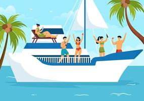 yachtschablone handgezeichnete flache illustration der karikatur mit menschen, die tanzen, sonnenbaden, cocktails trinken und sich auf einer kreuzfahrtyacht am ozean entspannen