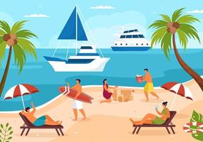 yachtschablone handgezeichnete flache illustration der karikatur mit menschen, die tanzen, sonnenbaden, cocktails trinken und sich auf einer kreuzfahrtyacht am ozean entspannen vektor
