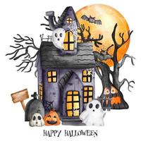 Halloween-Spukhaus mit Spukbaum und Vollmond. Halloween-Element. Halloween-Dekoration vektor