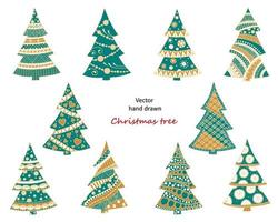 satz von handgezeichneten weihnachtsbäumen. grün und gold vektor