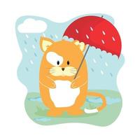 Runde Katze mit roten Regentropfenillustrationen des Regenschirms für Kinderpostkartendruck vektor