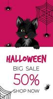 Lycklig halloween försäljning baner eller flygblad. söt svart kattunge med spindlar och spindelnät. vektor