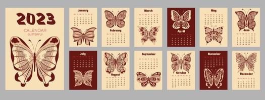 kalender 2023 med fjäril i zentangle stil. vecka börjar på måndag. vektor