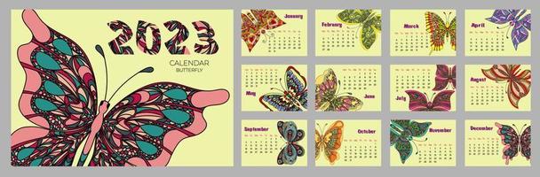 kalender 2023 med fjäril i zentangle stil. vecka börjar på måndag. vektor