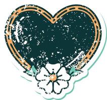 ikoniska bedrövad klistermärke tatuering stil bild av en hjärta och blomma vektor