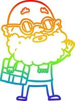 Regenbogengradientenlinie Zeichnung Cartoon neugieriger Mann mit Bart, Sonnenbrille und Geschenk vektor