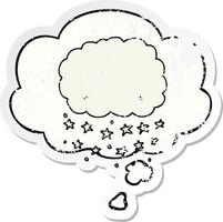 Cartoon-Regenwolke und Gedankenblase als beunruhigter, abgenutzter Aufkleber vektor