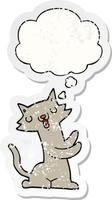 Cartoon-Katze und Gedankenblase als beunruhigter, abgenutzter Aufkleber vektor