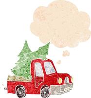 Cartoon-Pickup-Truck mit Bäumen und Gedankenblase im strukturierten Retro-Stil vektor