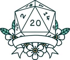 Retro-Tattoo-Stil natürliche 20 kritische Treffer d20 Würfelwurf vektor