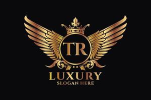 luxus königlicher flügelbuchstabe tr wappengoldfarbe logovektor, siegeslogo, wappenlogo, flügellogo, vektorlogovorlage. vektor