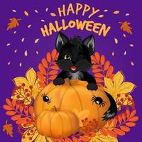 glückliche Halloween-Postkarte. süßes schwarzes kätzchen sitzt auf einem kürbis. vektor