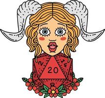 Tiefling im Retro-Tattoo-Stil mit d20 natürlichen Zwanzig-Würfel-Rollen vektor