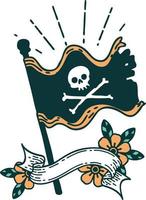 Scroll-Banner mit schwenkender Piratenflagge im Tattoo-Stil vektor