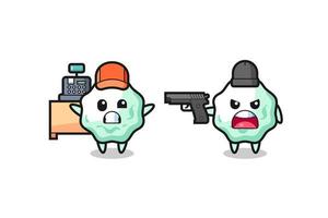 illustration av de söt tugga gummi som en kassör är spetsig en pistol förbi en rånare vektor