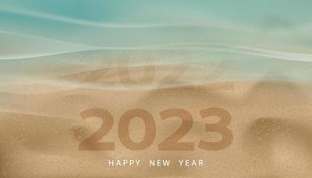 Frohes neues Jahr 2023 Text am Meeresstrand, Vektor-Draufsicht am Meer Türkis mit weicher Welle, die die Nummer 2022 durch 2023 auf braunem Sandstrand-Texturhintergrund ersetzt, Nachricht für ein weiteres Jahr kommt