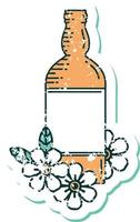 ikonisches, beunruhigtes Aufkleber-Tattoo-Stilbild einer Rumflasche und Blumen vektor