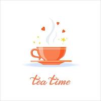 Teetasse mit Herzen und Sternen im Dampf. Tea-Time-Schriftzug