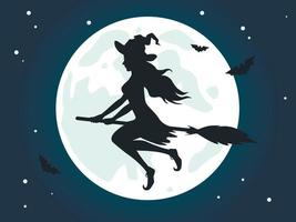Hexe fliegt auf einem Besen am Nachthimmel mit Vollmond. Mädchen im Halloween-Kostüm mit Hexenhut. eine Silhouette einer schönen jungen Hexe auf einem Besenstiel in der Luft