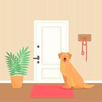 Ein Labrador- oder Golden Retriever-Hund wartet auf einen Spaziergang. der hund sitzt im flur neben der tür. Vektor-Haustier-Illustration. vektor