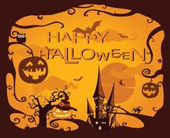 halloween tema bakgrund med pumpa domkraft o lykta, Uggla, gammal slott, gammal träd vektor