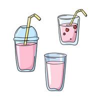 eine Reihe farbiger Symbole, ein rosafarbener Fruchtmilchshake mit einem Trinkschlauch in einer Tasse, eine Vektorillustration im Cartoon-Stil auf weißem Hintergrund