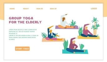 Gruppen-Yoga-Kurs für Senioren-Vektor-Website-Vorlage. verschiedene rassen alte menschen, die sich auf yogamatten strecken, umgeben von pflanzen. aktiver und gesunder Ruhestand. vektor