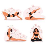 flicka håller på med yoga, annorlunda yoga poser uppsättning av kvinna tecken. meditation övningar i de lotus placera. vektor illustration