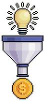 Pixelkunsttrichter mit Glühbirne und Münze, Vektorsymbol für Investitionsideen für 8-Bit-Spiel auf weißem Hintergrund vektor