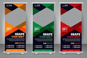 elegantes Turnhallen-Roll-up-Stand-Banner-Vorlagendesign. Fitness-Aufsteller kreatives X-Banner-Template-Design. vektor