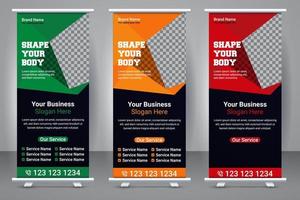 elegantes Turnhallen-Roll-up-Stand-Banner-Vorlagendesign. Fitness-Aufsteller kreatives X-Banner-Template-Design. vektor