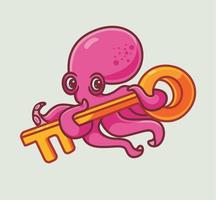 süßer Oktopus behält den Schlüssel. isolierte karikaturtierillustration. flaches Aufkleber-Icon-Design Premium-Logo-Vektor. Maskottchen Charakter vektor