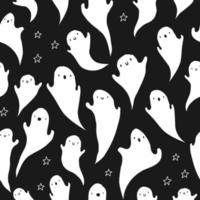 söt svart och vit mönster, klotter spöken med stjärnor. halloween sömlös bakgrund. för tyg textil, Hem, bebis. vektor