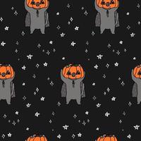söt svart mönster, klotter vit linje stjärnor och en katt med en pumpa. halloween, magi sömlös bakgrund. för tyg textil, Hem, bebis sällskapsdjur. vektor