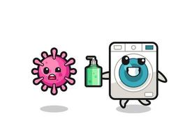 illustration des waschmaschinencharakters, der bösen virus mit händedesinfektionsmittel jagt vektor