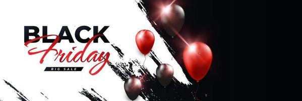 svart fredag försäljning baner eller affisch med svart och röd helium ballonger på borsta bakgrund. reklam och befordran baner design för svart fredag kampanj. handla hemsida rubrik mall vektor