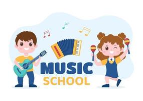 musik skola mall i hand dragen tecknad serie platt illustration spelar olika musikalisk instrument, inlärning utbildning musiker och sångare vektor